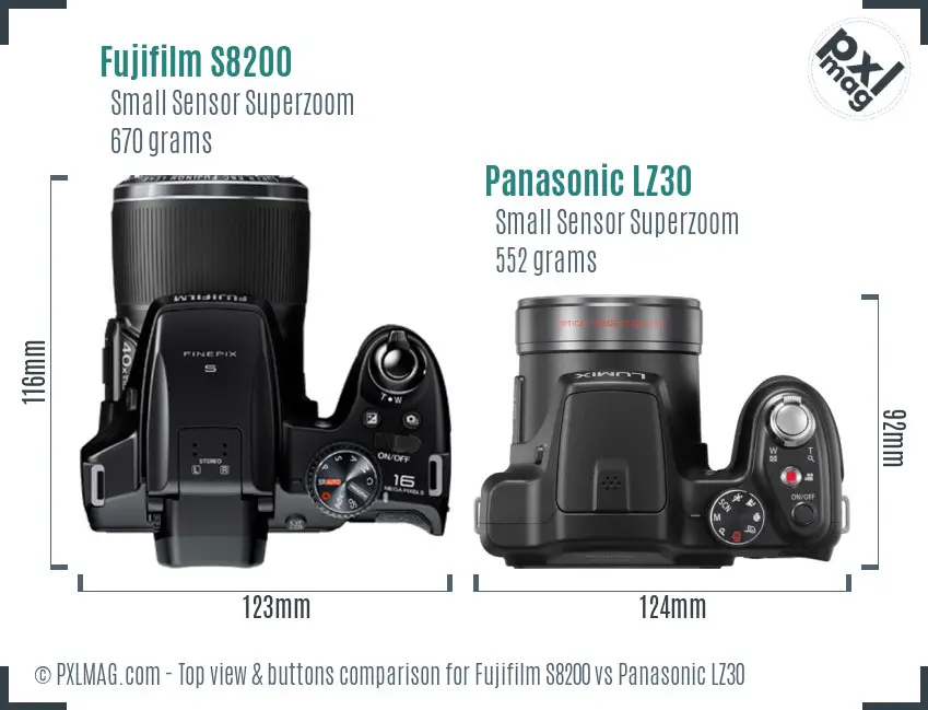 Fujifilm S8200 vs Panasonic LZ30 top view buttons comparison