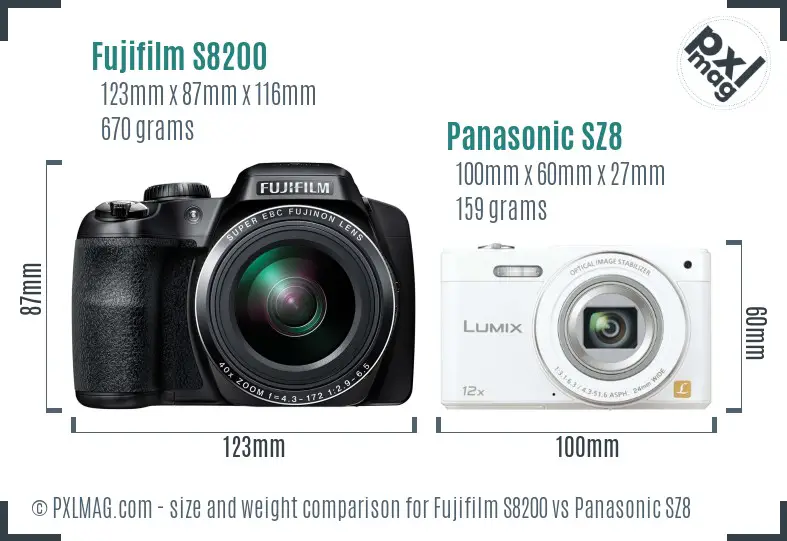 Fujifilm S8200 vs Panasonic SZ8 size comparison