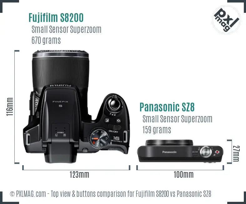 Fujifilm S8200 vs Panasonic SZ8 top view buttons comparison