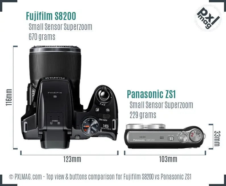 Fujifilm S8200 vs Panasonic ZS1 top view buttons comparison