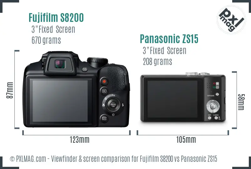 Fujifilm S8200 vs Panasonic ZS15 Screen and Viewfinder comparison