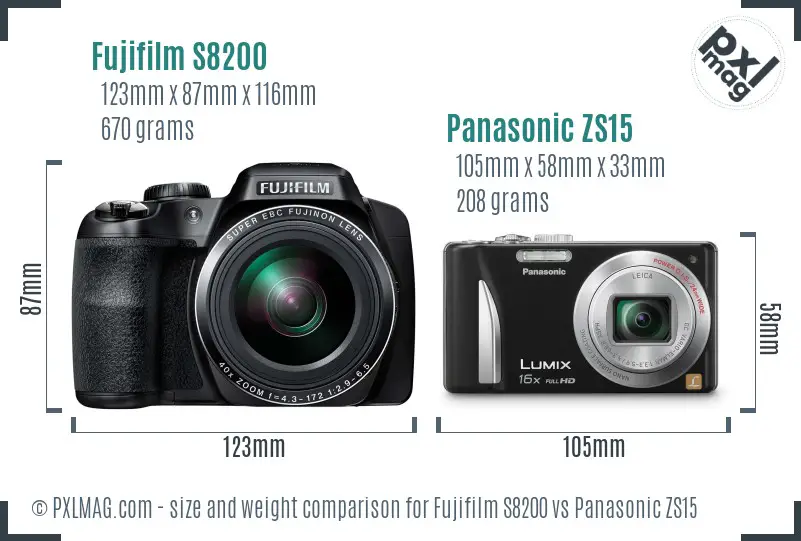 Fujifilm S8200 vs Panasonic ZS15 size comparison
