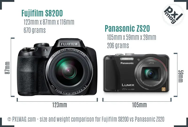 Fujifilm S8200 vs Panasonic ZS20 size comparison