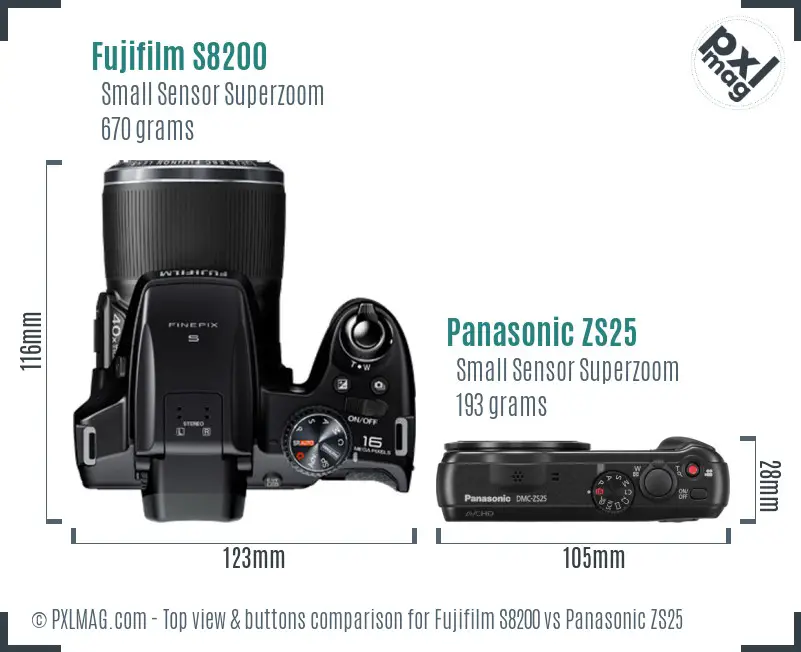 Fujifilm S8200 vs Panasonic ZS25 top view buttons comparison