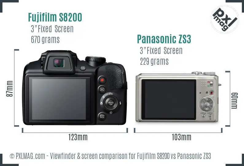 Fujifilm S8200 vs Panasonic ZS3 Screen and Viewfinder comparison