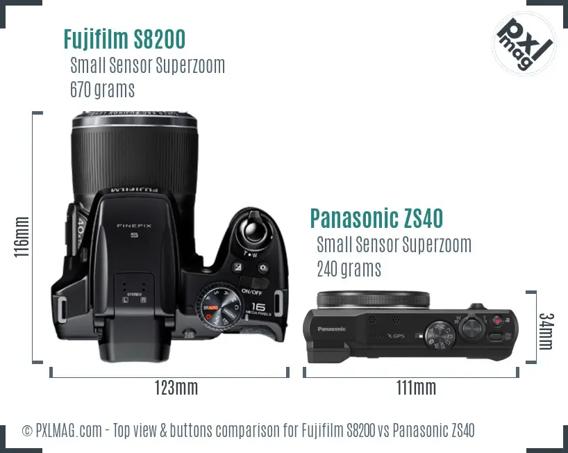 Fujifilm S8200 vs Panasonic ZS40 top view buttons comparison Fujifilm S8200 vs Panasonic ZS40 top view buttons comparison
