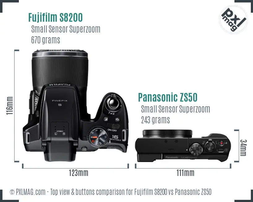 Fujifilm S8200 vs Panasonic ZS50 top view buttons comparison Fujifilm S8200 vs Panasonic ZS50 top view buttons comparison