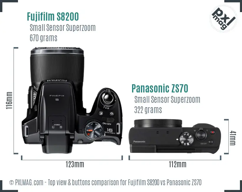 Fujifilm S8200 vs Panasonic ZS70 top view buttons comparison