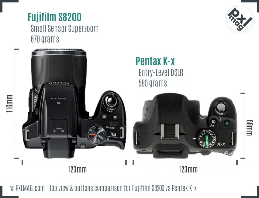 Fujifilm S8200 vs Pentax K-x top view buttons comparison