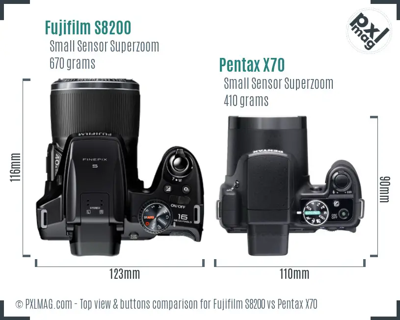 Fujifilm S8200 vs Pentax X70 top view buttons comparison