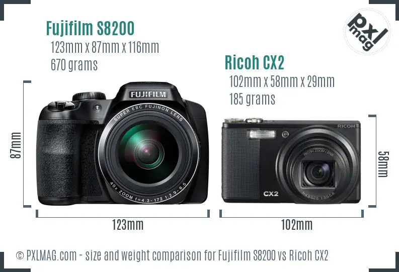 Fujifilm S8200 vs Ricoh CX2 size comparison