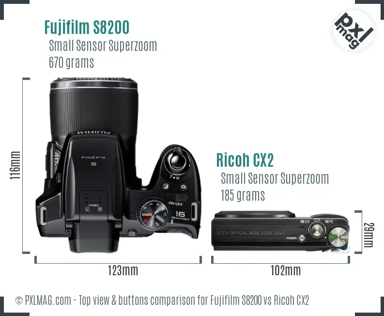 Fujifilm S8200 vs Ricoh CX2 top view buttons comparison