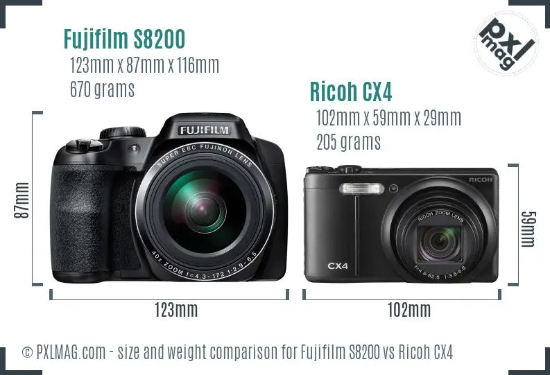 Fujifilm S8200 vs Ricoh CX4 size comparison