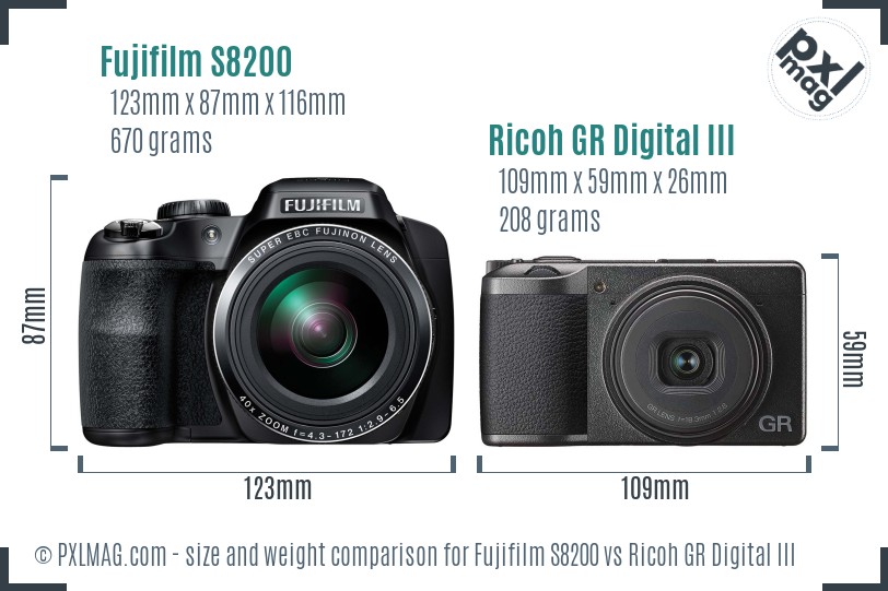 Fujifilm S8200 vs Ricoh GR Digital III size comparison