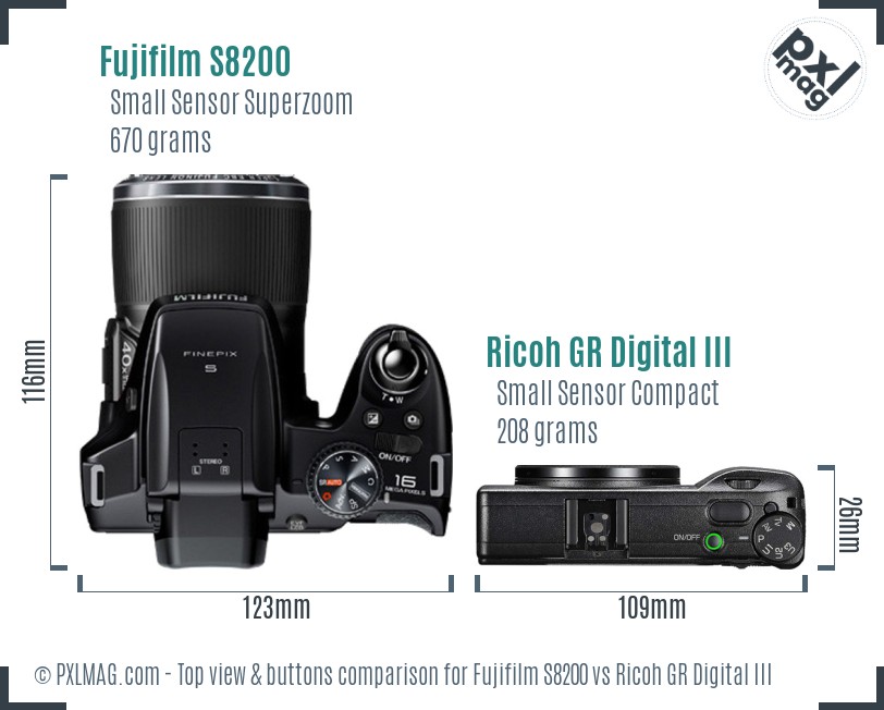 Fujifilm S8200 vs Ricoh GR Digital III top view buttons comparison