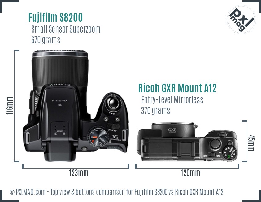 Fujifilm S8200 vs Ricoh GXR Mount A12 top view buttons comparison