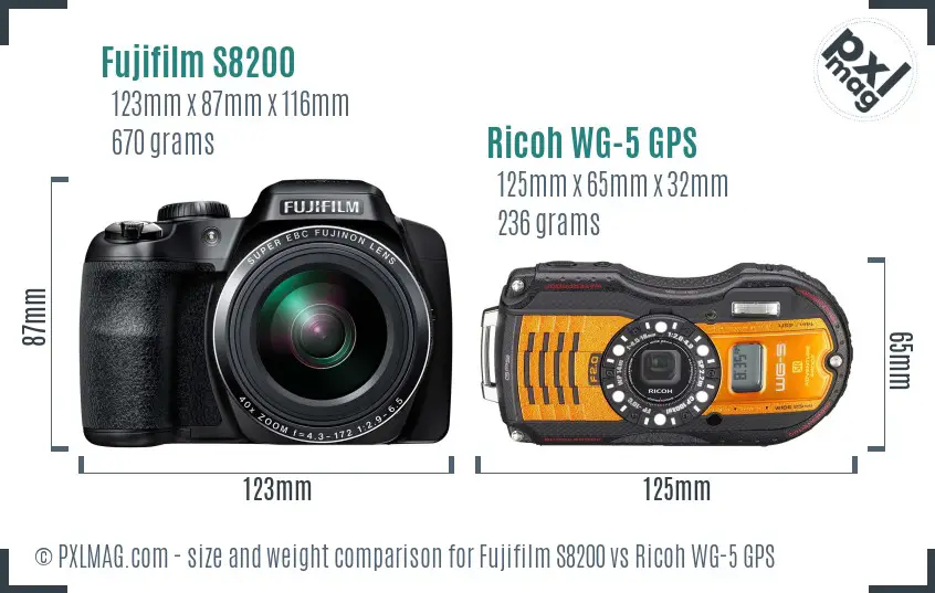 Fujifilm S8200 vs Ricoh WG-5 GPS size comparison