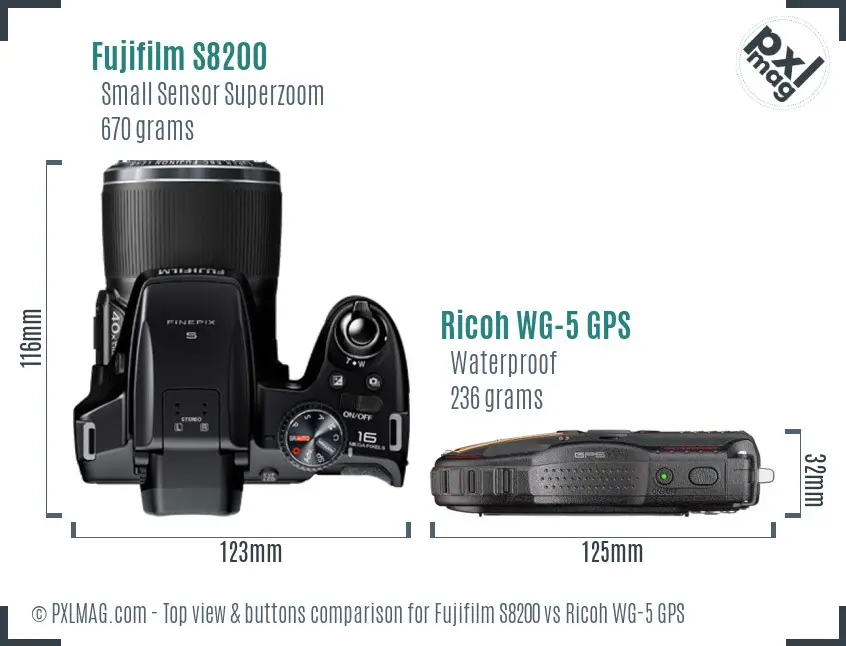 Fujifilm S8200 vs Ricoh WG-5 GPS top view buttons comparison