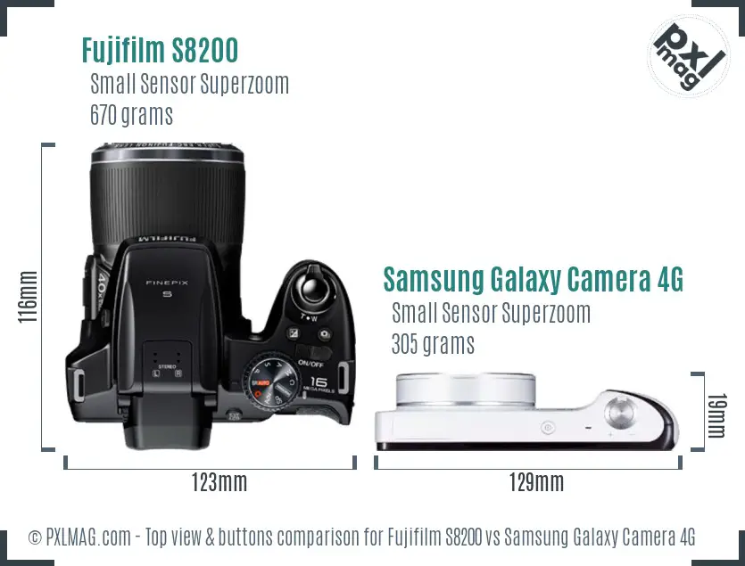 Fujifilm S8200 vs Samsung Galaxy Camera 4G top view buttons comparison