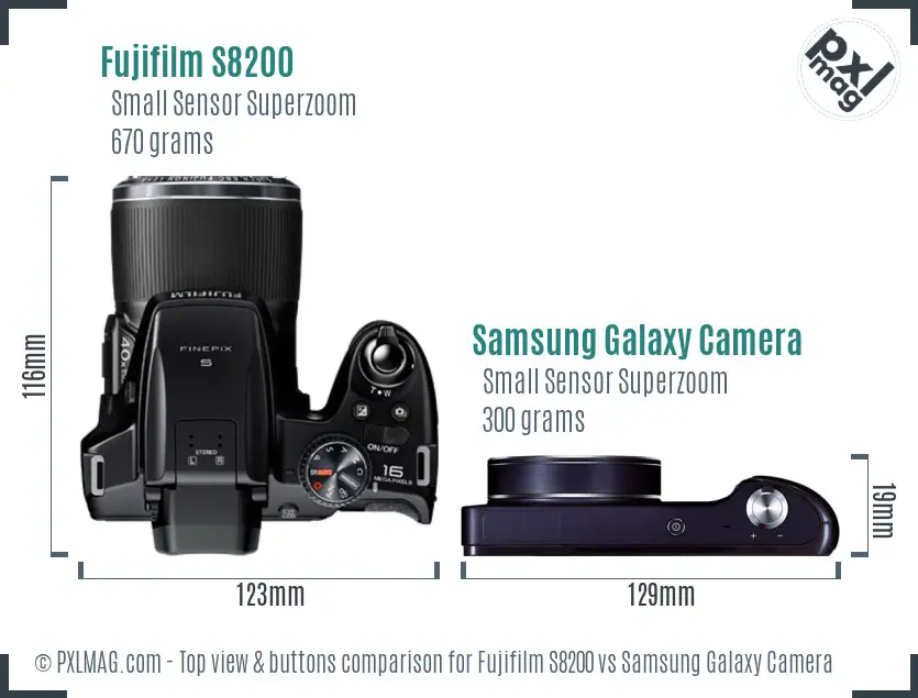 Fujifilm S8200 vs Samsung Galaxy Camera top view buttons comparison Fujifilm S8200 vs Samsung Galaxy Camera top view buttons comparison