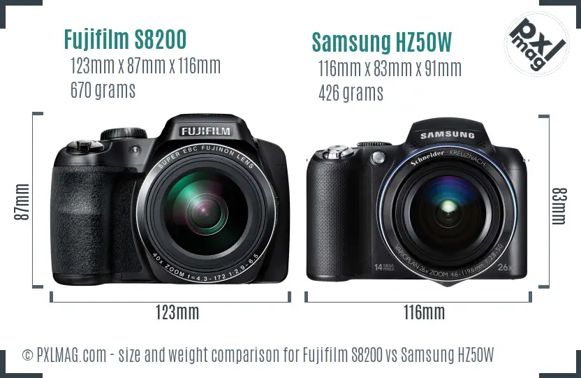 Fujifilm S8200 vs Samsung HZ50W size comparison