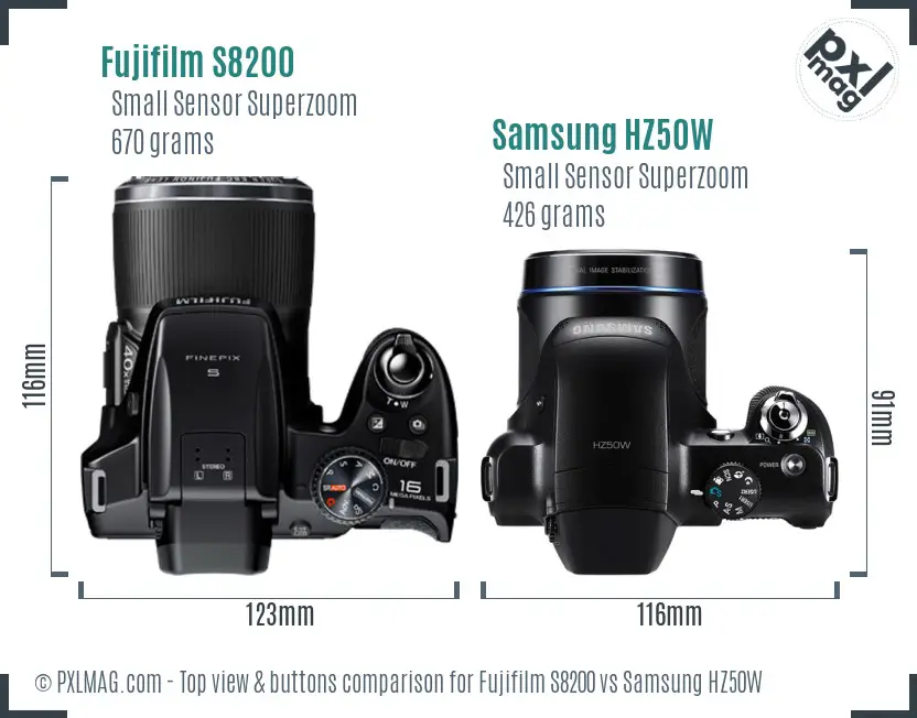 Fujifilm S8200 vs Samsung HZ50W top view buttons comparison
