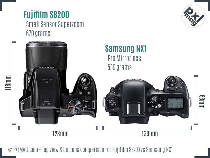 Fujifilm S8200 vs Samsung NX1 top view buttons comparison