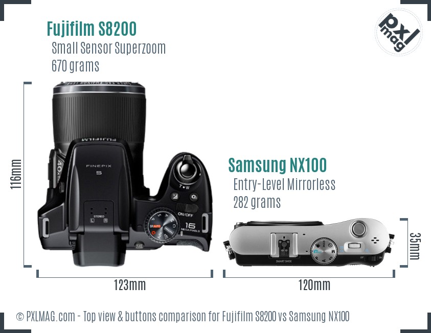 Fujifilm S8200 vs Samsung NX100 top view buttons comparison