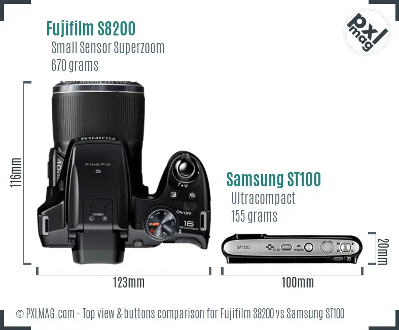 Fujifilm S8200 vs Samsung ST100 top view buttons comparison Fujifilm S8200 vs Samsung ST100 top view buttons comparison
