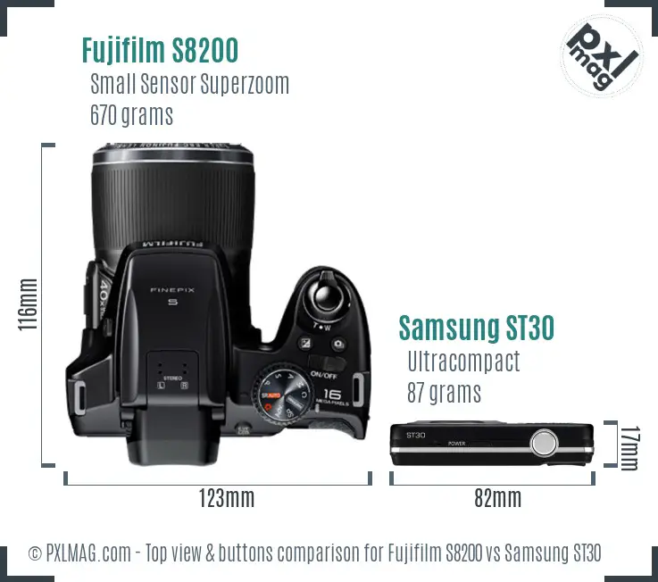 Fujifilm S8200 vs Samsung ST30 top view buttons comparison Fujifilm S8200 vs Samsung ST30 top view buttons comparison