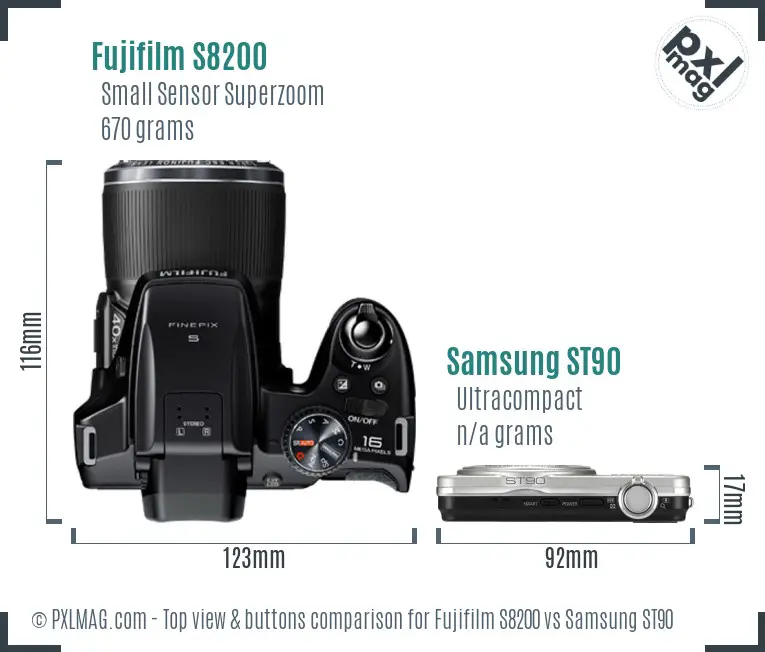 Fujifilm S8200 vs Samsung ST90 top view buttons comparison Fujifilm S8200 vs Samsung ST90 top view buttons comparison