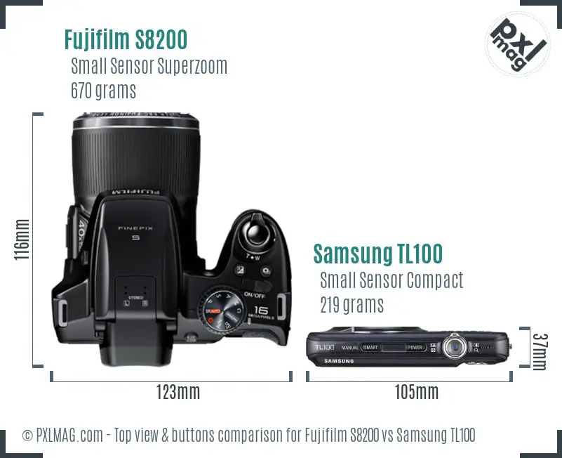 Fujifilm S8200 vs Samsung TL100 top view buttons comparison Fujifilm S8200 vs Samsung TL100 top view buttons comparison