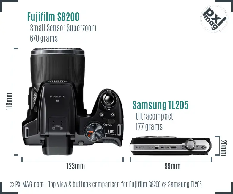 Fujifilm S8200 vs Samsung TL205 top view buttons comparison Fujifilm S8200 vs Samsung TL205 top view buttons comparison