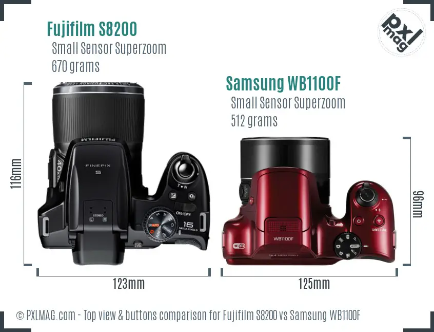Fujifilm S8200 vs Samsung WB1100F top view buttons comparison