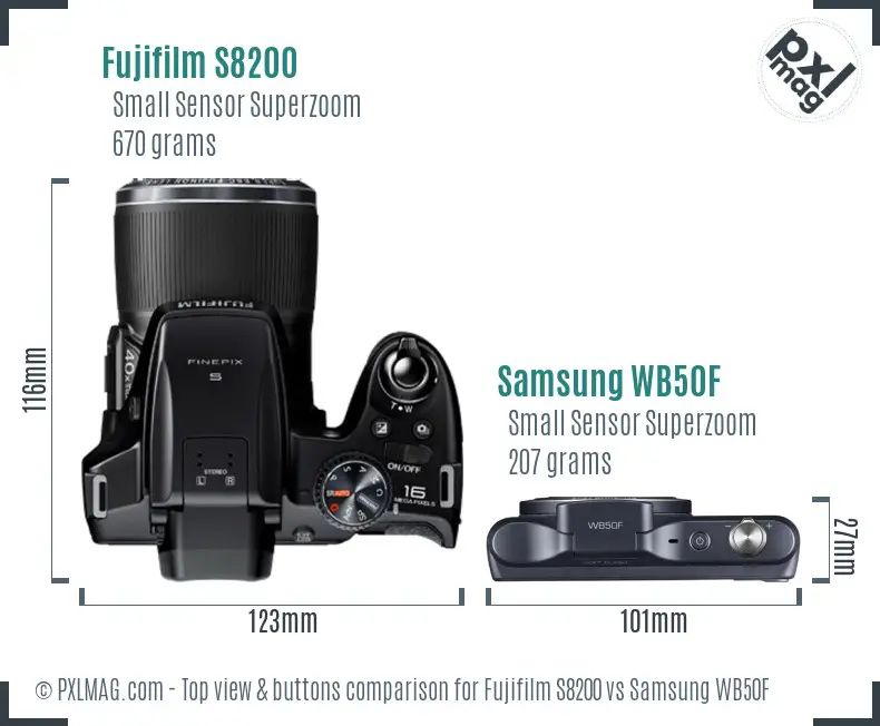 Fujifilm S8200 vs Samsung WB50F top view buttons comparison Fujifilm S8200 vs Samsung WB50F top view buttons comparison