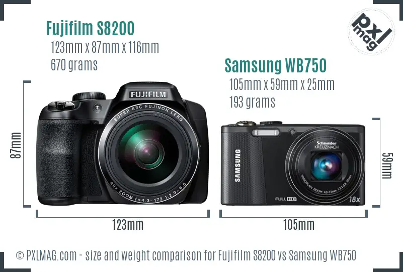 Fujifilm S8200 vs Samsung WB750 size comparison