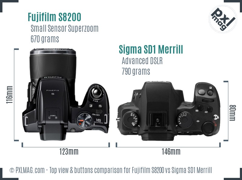Fujifilm S8200 vs Sigma SD1 Merrill top view buttons comparison