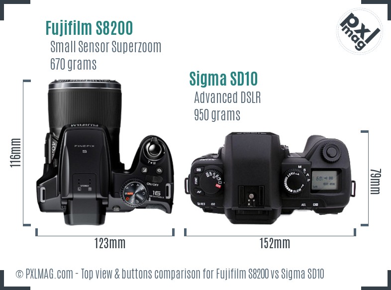 Fujifilm S8200 vs Sigma SD10 top view buttons comparison