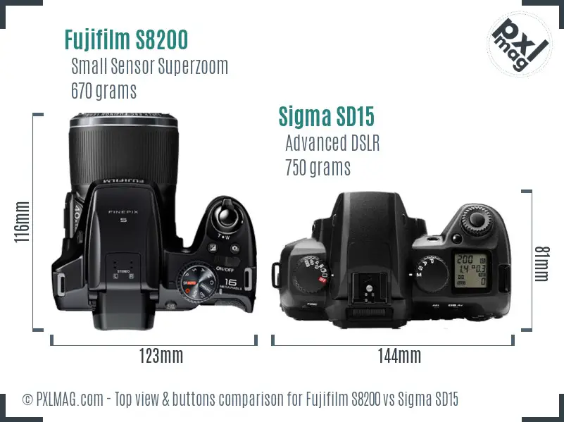 Fujifilm S8200 vs Sigma SD15 top view buttons comparison