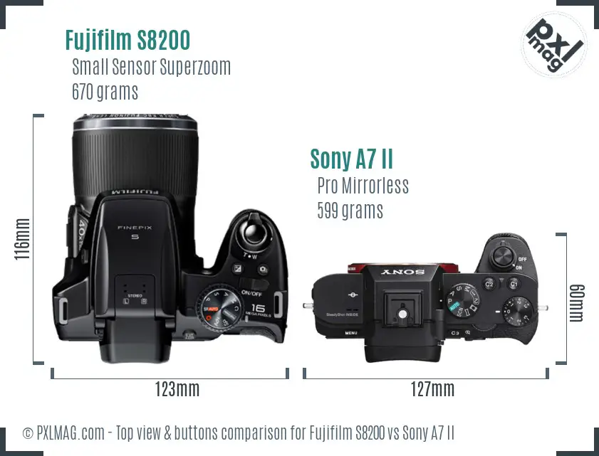 Fujifilm S8200 vs Sony A7 II top view buttons comparison Fujifilm S8200 vs Sony A7 II top view buttons comparison