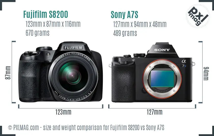 Fujifilm S8200 vs Sony A7S size comparison
