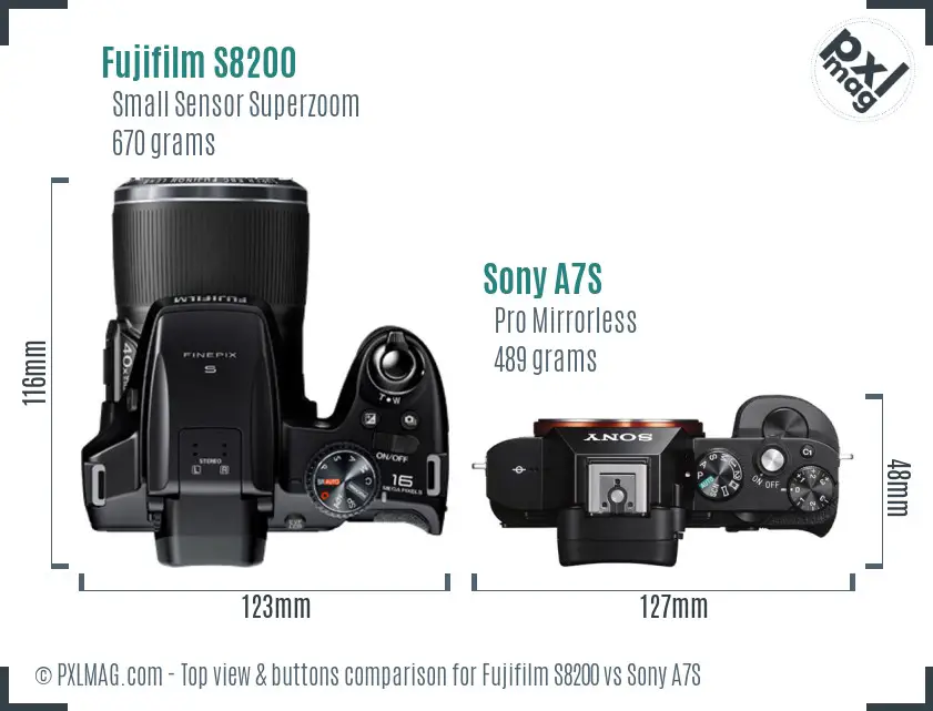 Fujifilm S8200 vs Sony A7S top view buttons comparison