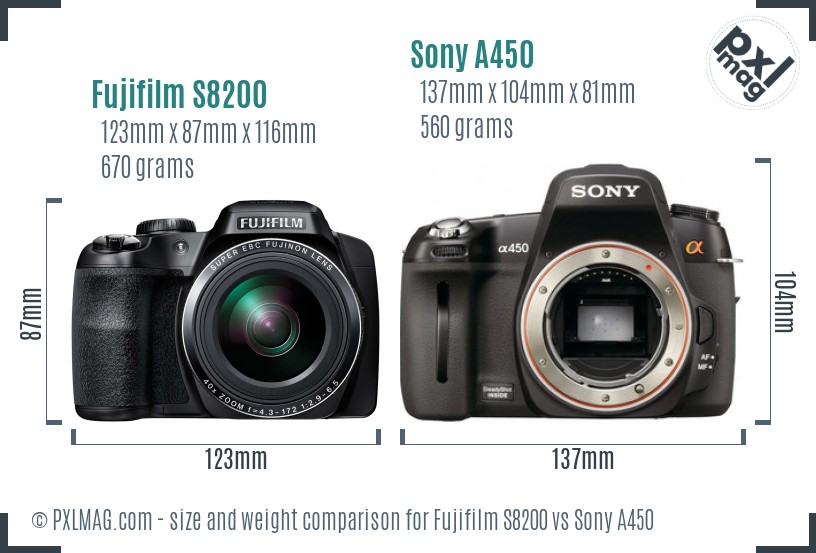 Fujifilm S8200 vs Sony A450 size comparison Fujifilm S8200 vs Sony A450 size comparison