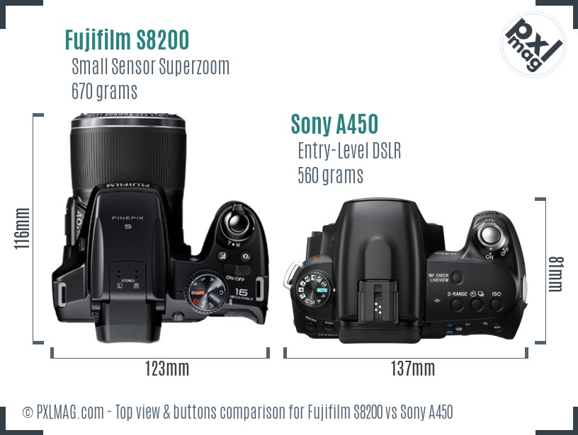 Fujifilm S8200 vs Sony A450 top view buttons comparison