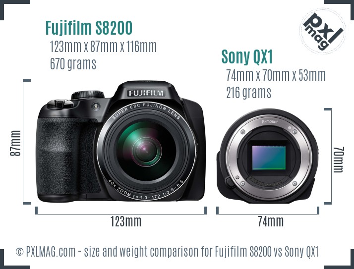 Fujifilm S8200 vs Sony QX1 size comparison