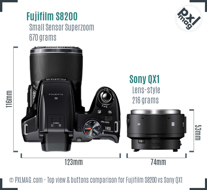 Fujifilm S8200 vs Sony QX1 top view buttons comparison