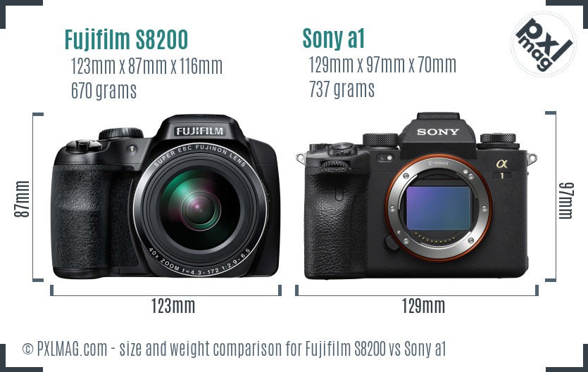 Fujifilm S8200 vs Sony a1 size comparison