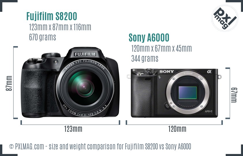 Fujifilm S8200 vs Sony A6000 size comparison