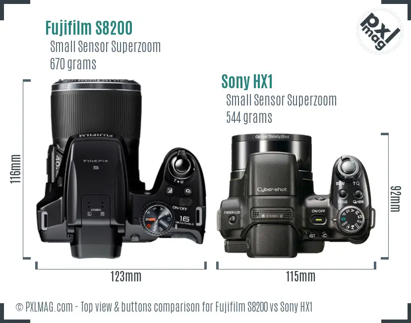 Fujifilm S8200 vs Sony HX1 top view buttons comparison