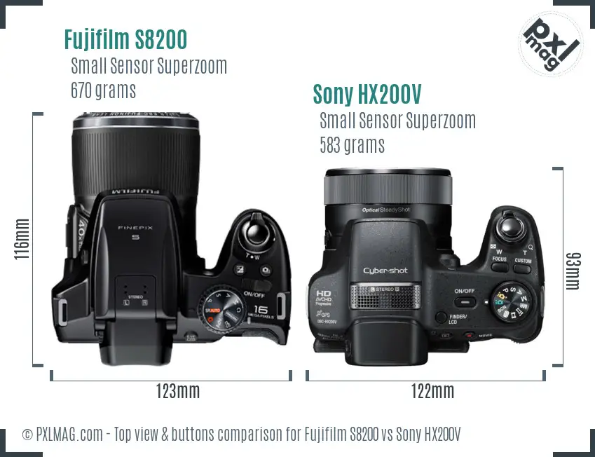 Fujifilm S8200 vs Sony HX200V top view buttons comparison